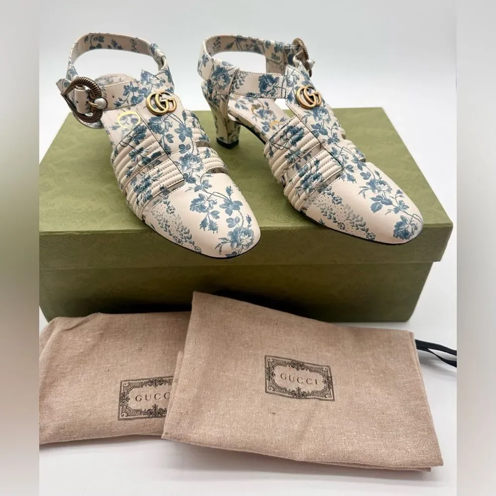Gucci Gea GG Mid Heel Buds/Floral Blue Leather T-Strap  Sandal Pump EU37.5 US7.5 - Picture 2 of 13